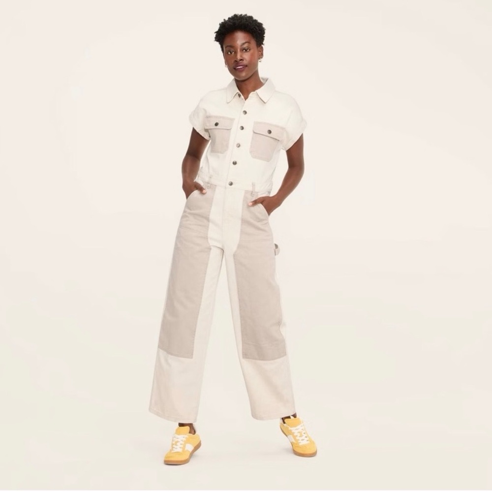 Woolrich Beige Cotton Utility Denim Jumpsuit Wide Leg Boiler Suit Minimalist